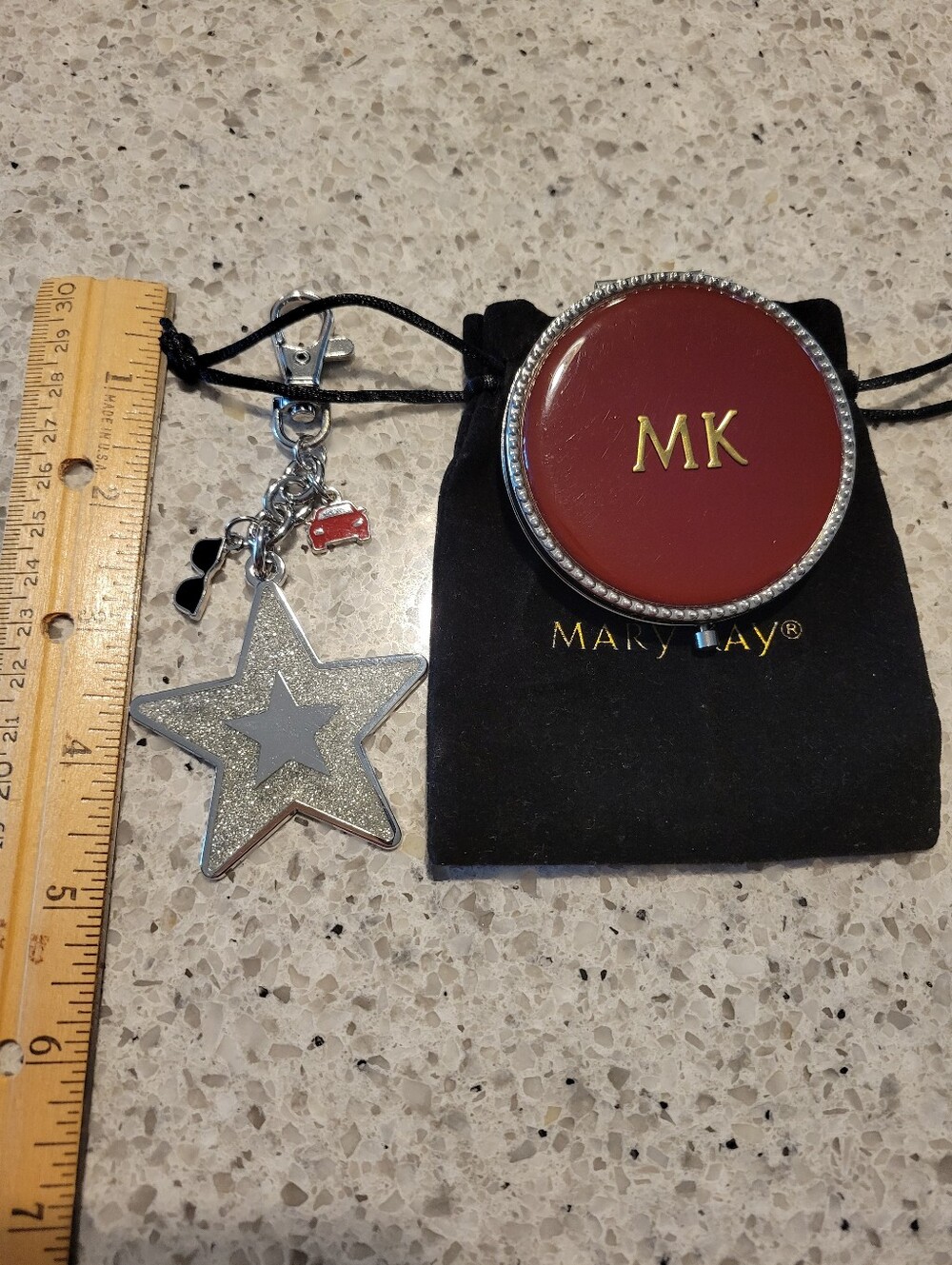 Mary Kay Red Compact Mirror,and Keychain with Silver Star Charm